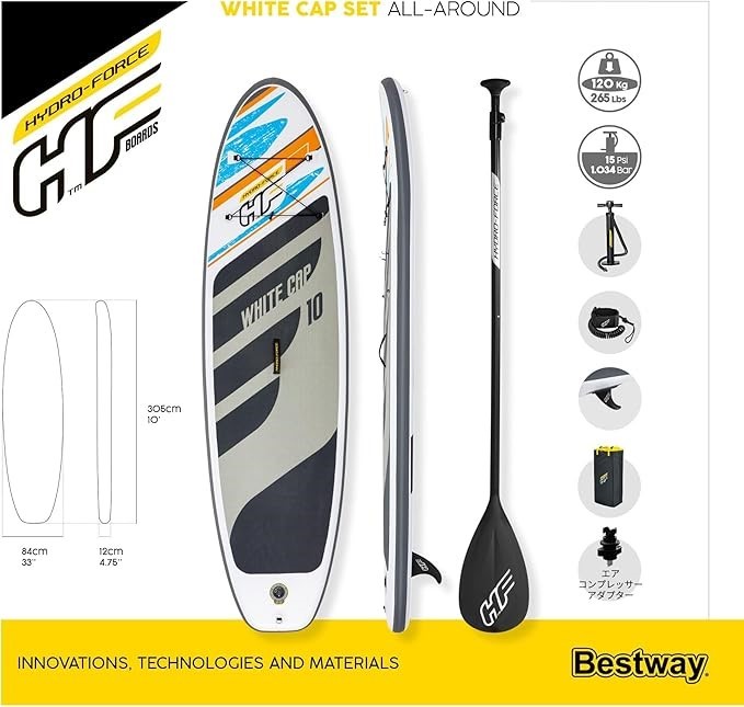 Bestway Hydro-Force SUP Paddle Board, White Cap Blow Up Paddleboard Set, wi