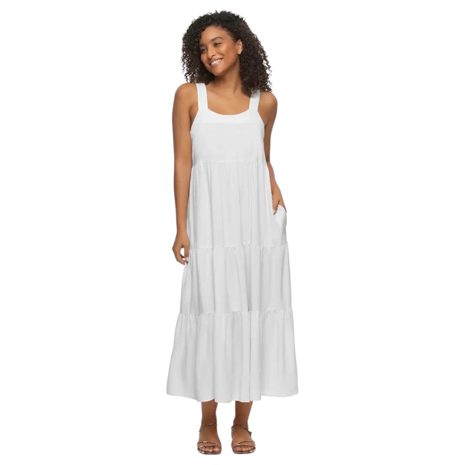 JEZEBEL Women's Tiered Dress, Size L, White. NB: minor shop soil.