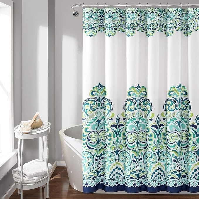 LUSH DECOR, Blue and Green Clara Shower Curtain-Fabric Colorful Boho Paisle