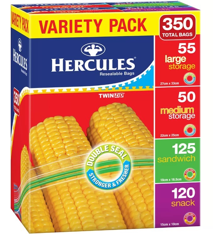 HERCULES Resealable Bags Variety Pack 350 Carton NB: Opened and damaged box