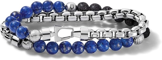 BULOVA Classic Double-Wrap Chain&Bead Bracelet, Stainless Steel/Semi-Precio