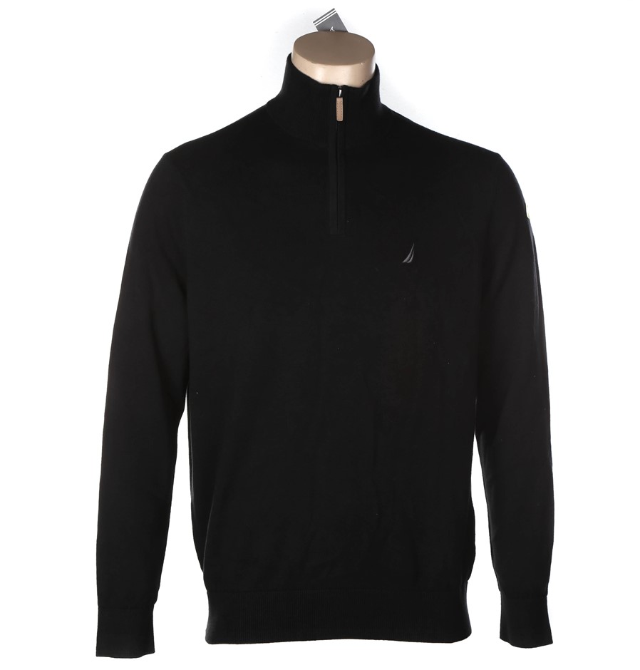 NAUTICA Men's Quarter Zip Sweater, Size L, 100% Cotton, True Black. NB: mat