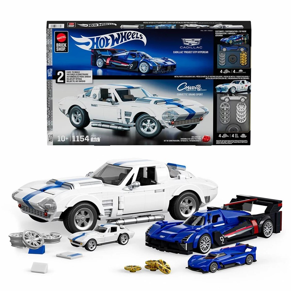 MATTEL Brick Shop Hot Wheels Cadillac 1:32 And Corvette 1:16. N.B: Damaged