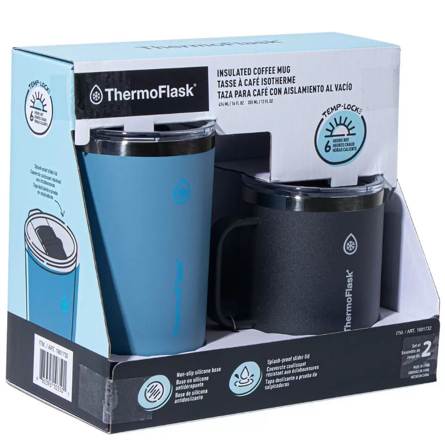 THERMOFLASK Insulated Coffee Mugs, 2-Piece Set, Black & Blue. N.B: Minor da