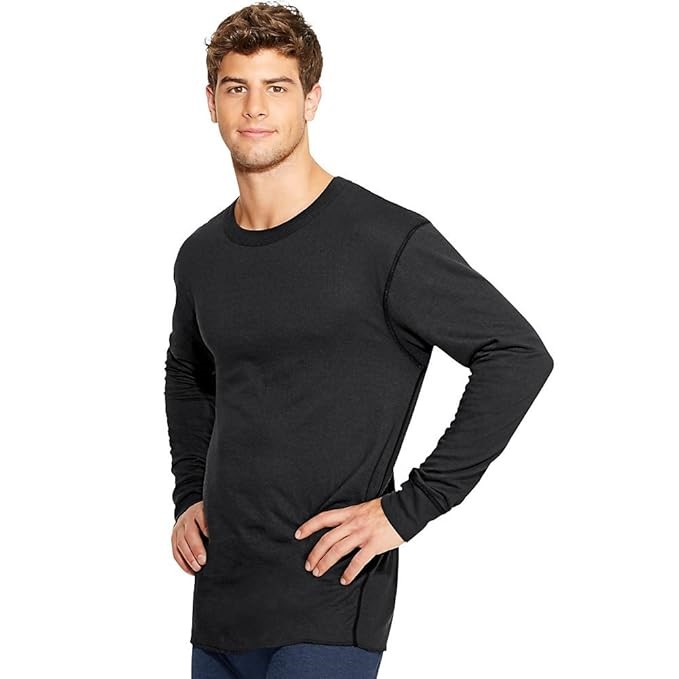 Duofold Mens Thermal Wicking Crew 2-Pack, Black, Large.