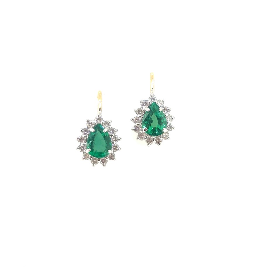 2.08ct 2 Pear Emerald & 1.05ct 26 Stones Round F-G/SI Dia 18K 2 Tone Gold