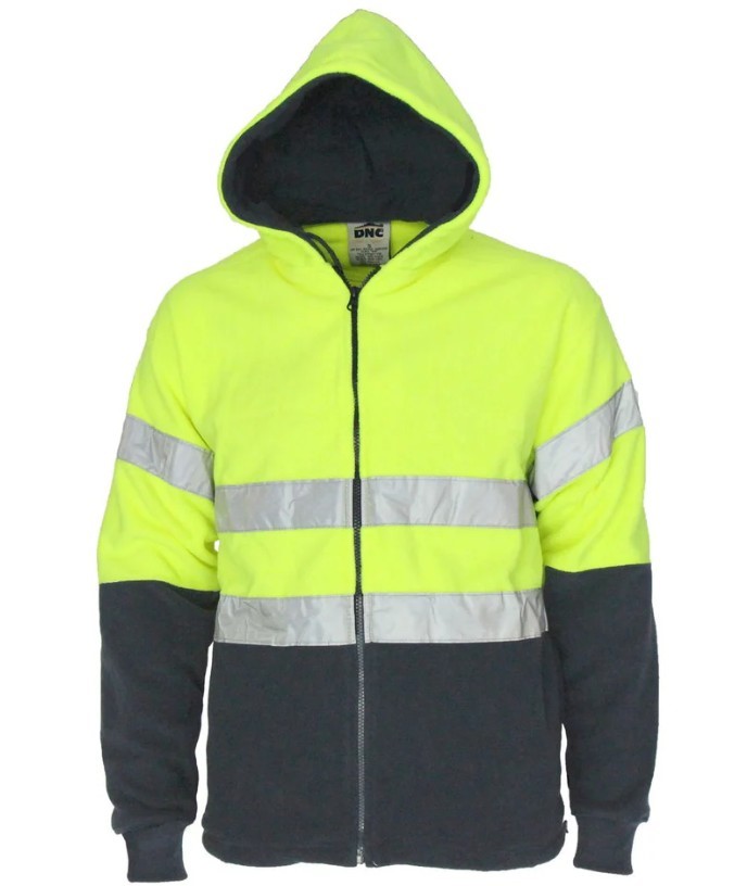 DNC Mens 3926 Taped Hivis Full Zip Polar Fleece Hoodie, Size 3XL, Yellow/Na