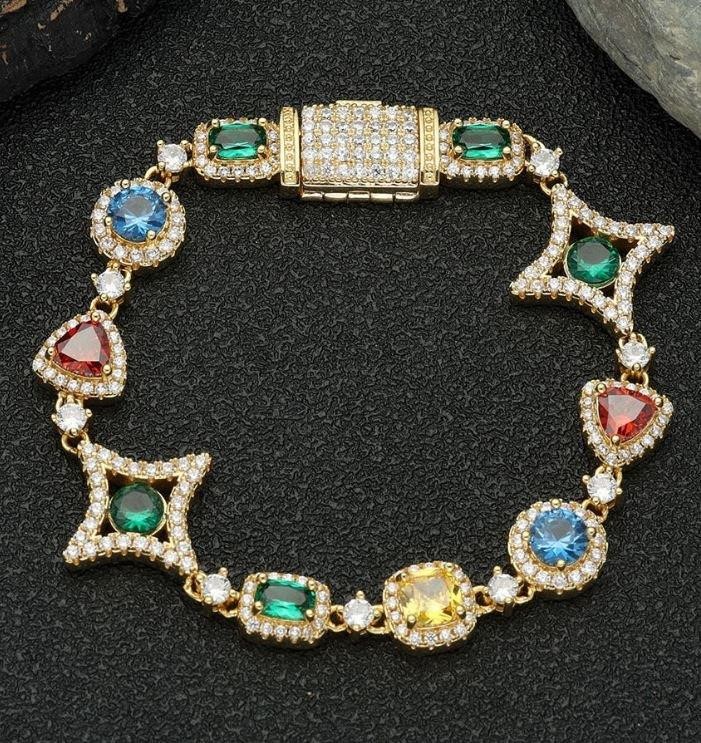 18K Yellow Gold Filled Multi Stone Bracelet Stamped(18K)-20Cm-Quality