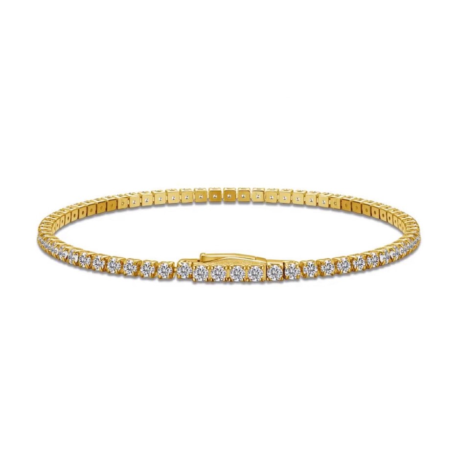 3mm Simulated Diamonds 18K Gold Filled 925 Silver Tennis Bracelet-17cm