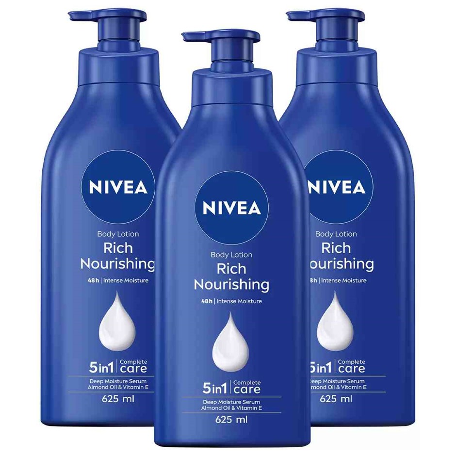 NIVEA Rich Nourishing Body Lotion 3 x 625ml. NB: x1 Bottle pump is damaged