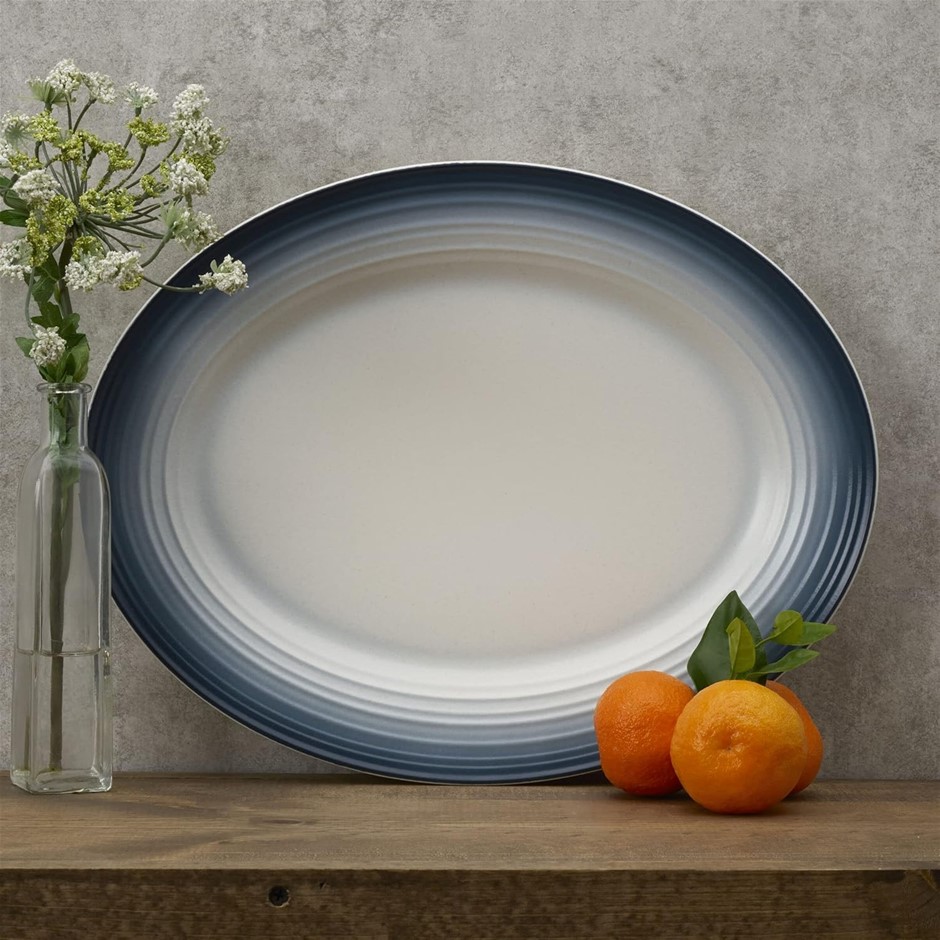 MIKASA Swirl Ombre White Oval Platter, 13.75 Inch, Blue Banded