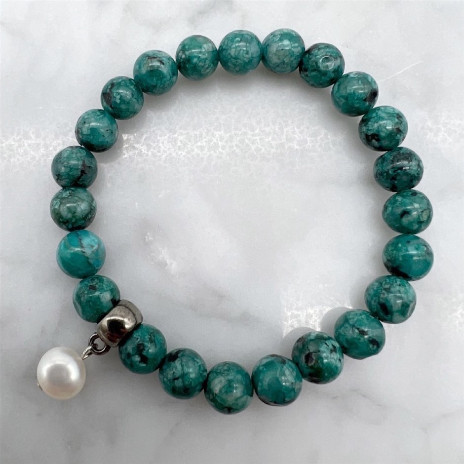Large Pearl and African Jasper 'Turquoise' Gemstone Bracelet