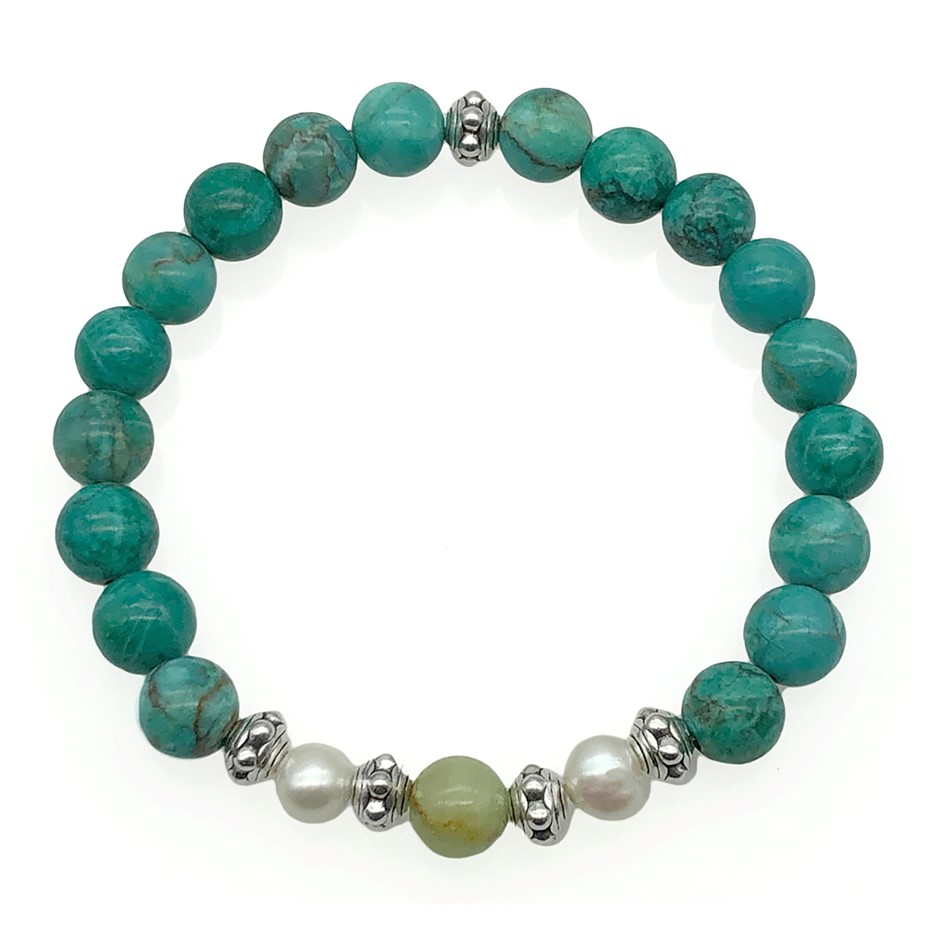African Jasper Turquoise , Flower Jade & Pearls Stretchy Bracelet