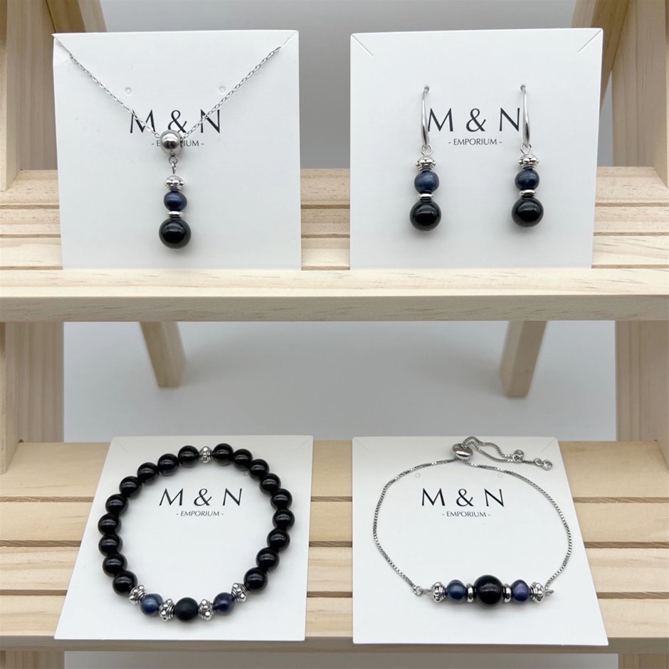 Black Agate, Frosted Agate & Freshwater Pearls Jewellery Set - 4 Pcs