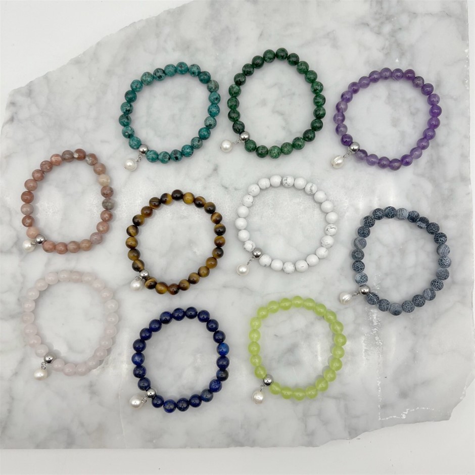 8mm Gemstone & Pearl Charm with Stainless Steel Bracelets - 10 Pcs