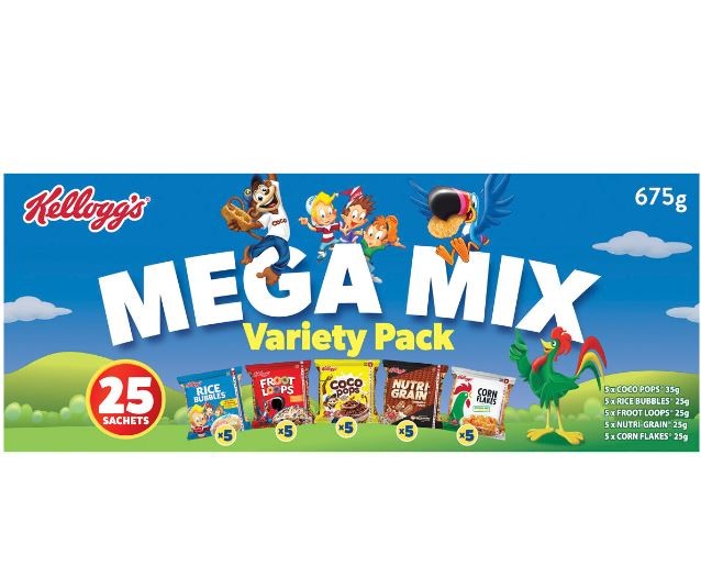 2 x KELLOGG'S 25pk Mega Mix Cereal Variety Packs: Rice Bubbles, Fruit Loops