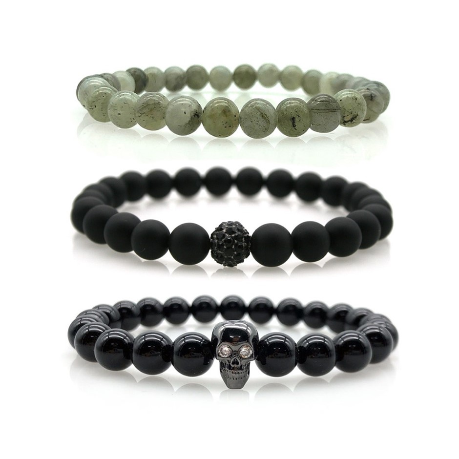 Men's 8mm Black Agate & Skull, Black Stone & Labradorite Bracelets Set