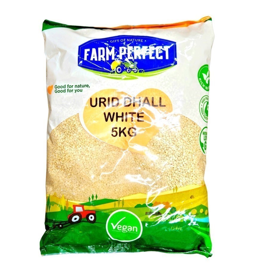 2 x FARM PERFECT Urid Dhall White, 5kg. N.B: Damaged packaging.