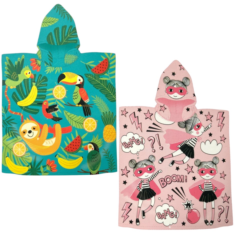 3 x JUST KIDDING! Kids' Hooded Towels, 130cm x 60cm, 100% Cotton, Tropical
