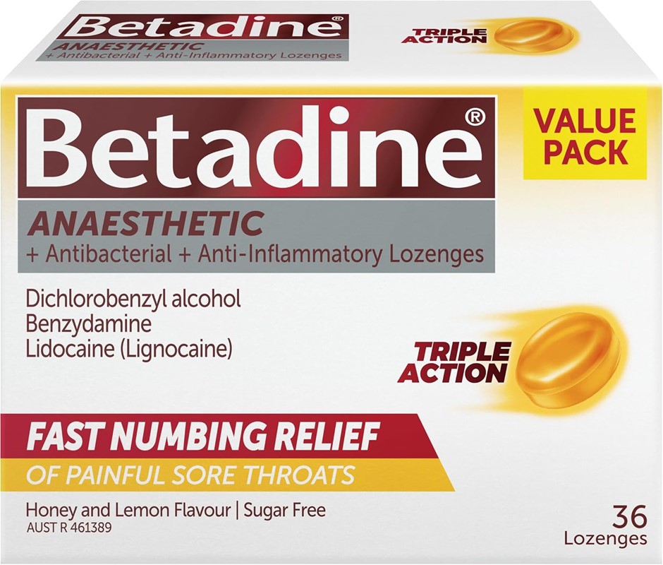 3 x BETADINE Anaesthetic Lozenges, 36-Pack, Honey & Lemon Flavour | Sugar F
