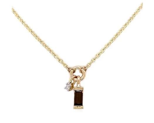 9K YELLOW GOLD 0.01ct HI SI DIAMOND SMKY QTZ NECKLACE 45cm