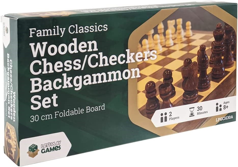 LET'S PLAY GAMES Wooden Folding Chess/Checkers/Backgammon Set, 30cm.