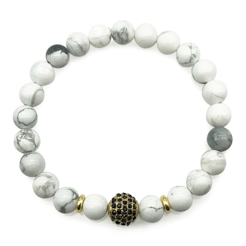 Men's 8mm Howlite & Golden  Rhinestone Beaded Gemstone Bracelet
