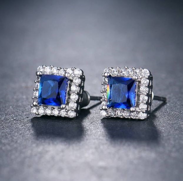 Designer Statement Simulated Diamond Blue Square Earrings