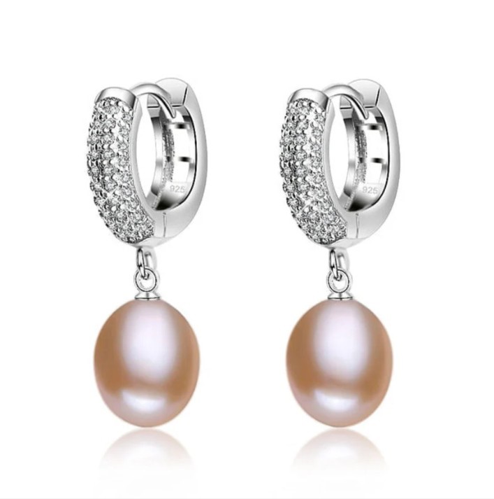 Designer Pink Floral Freshwater Pearl Drop Dangle Earrings in Silver