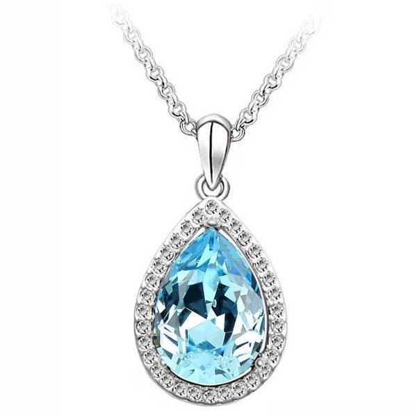Designer Simulated Diamond Ocean Blue Teardrop Pendant Necklace in Silver