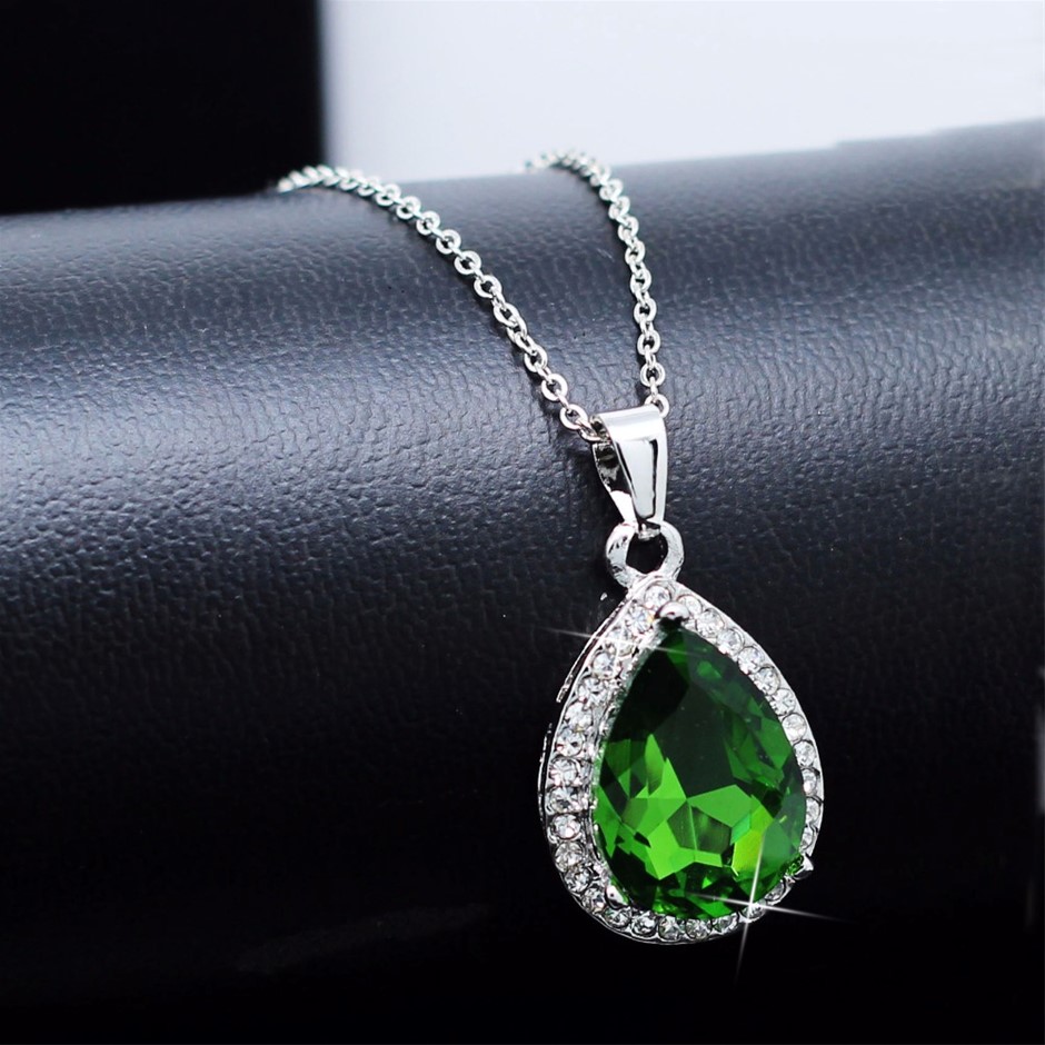 Designer Simulated Diamond Green Teardrop Pendant Necklace in Silver