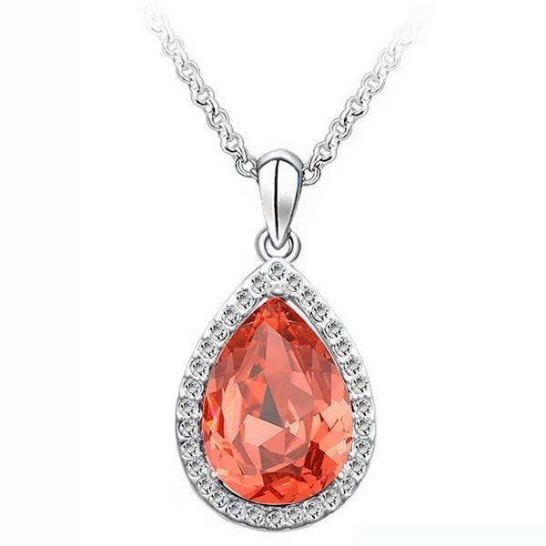 Designer Simulated Diamond Orange Teardrop Pendant Necklace in Silver
