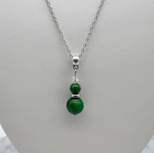 Green Agate & Swarovski® Austrian Crystal Platinum Plated Pendant Necklace