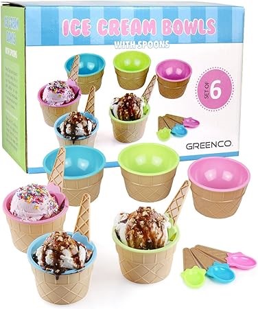 GREENCO Set of 6 Vibrant Colors Ice Cream Bowls and Spoons