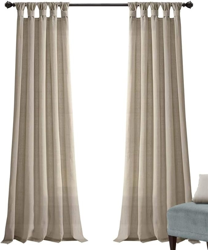 LUSH DECOR Dark-Linen Burlap Knotted Tab-Top Window Curtain Panel Pair. Siz