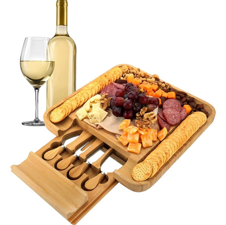 ROYAL HOUSE Rectangular Bamboo Cheese Board & Knife Set with Slide-Out Cutl