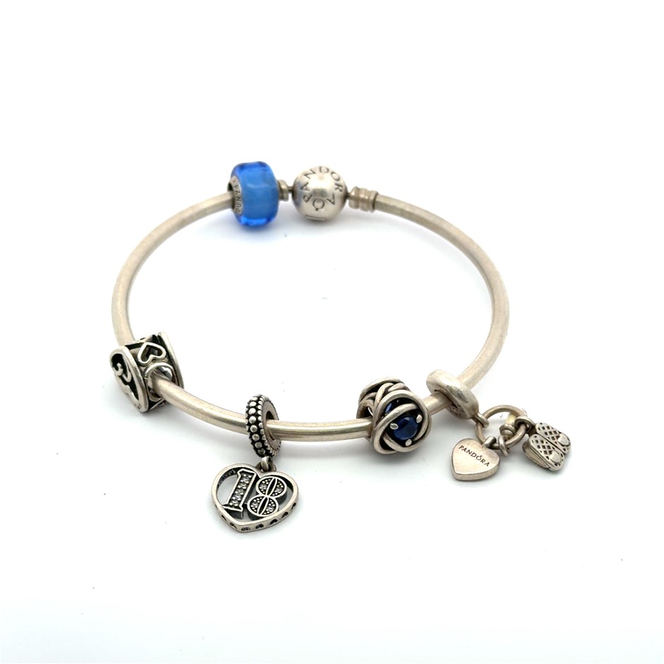 Pandora Sterling Silver Five Charm Bangle With Ball Clasp