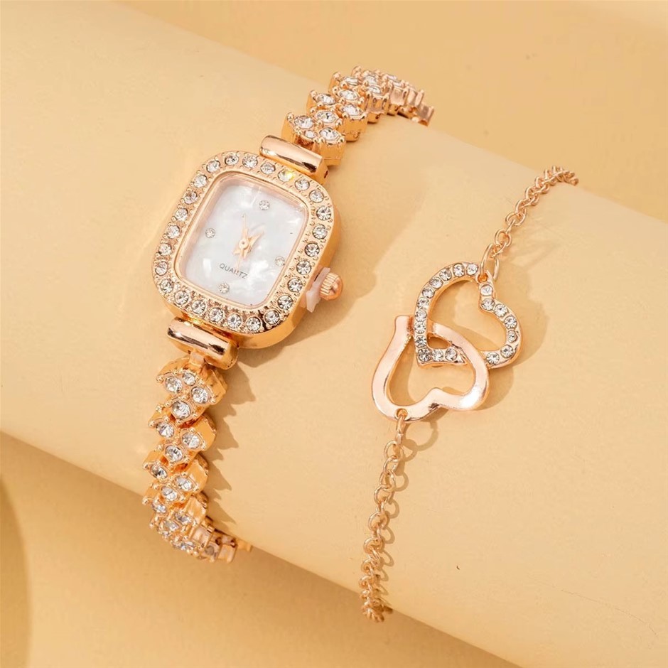 2PCS Rose Gold Watch & Heart Bracelet Set