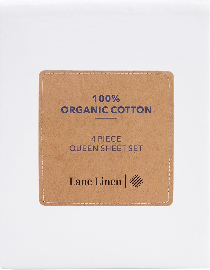 Lane Linen 100% Organic Washed Cotton Sheet Set, White, Queen, 4 Piece Set