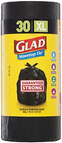 8 x GLAD 30pk Wavetop Tie Garbage Bags, 100cm x 78cm Size XL, Black. NB: D