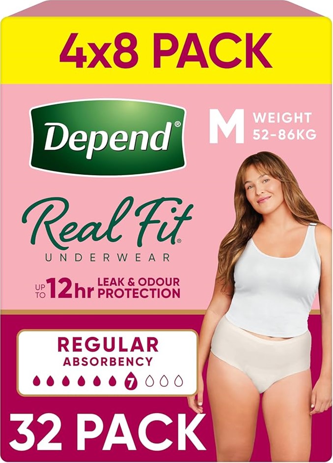 Box of 32pk DEPEND Real Fit Underwear, Regular Absorbency, Size M, 52-86kg.