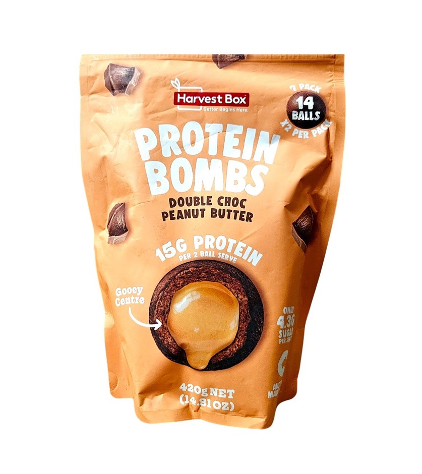 3 x HARVEST BOX Protein Bombs Double Choc Peanut Butter, 420g. N.B: Damaged