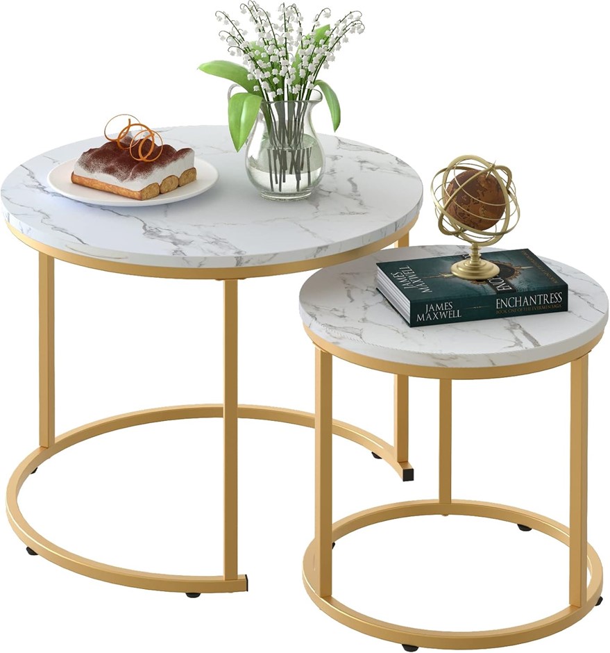 Nesting Coffee Table Set of 2, 27.6" Round Coffee Table Wooden Marble Patte