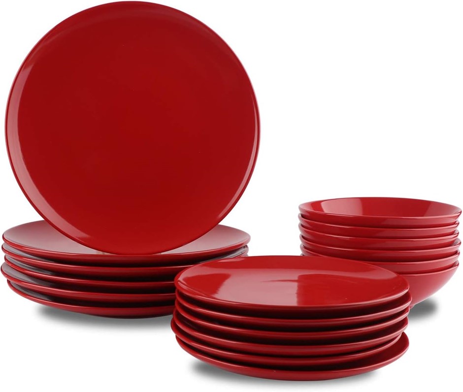 AMAZON BASICS 18-Piece Stoneware Dinnerware Set - Fire Engine Red, Service