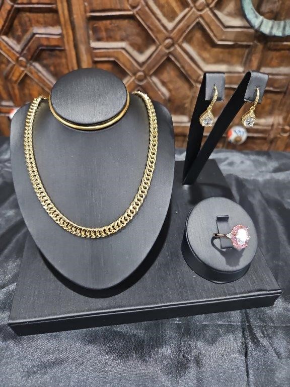 3pcs x 18K/Italy Stamped Yellow Gold Filled Chain & Ring & Earring