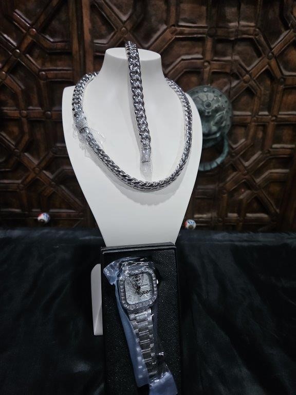 3pcs x 18K Stamped White Gold Filled Chain & Bracelet & Watch-
