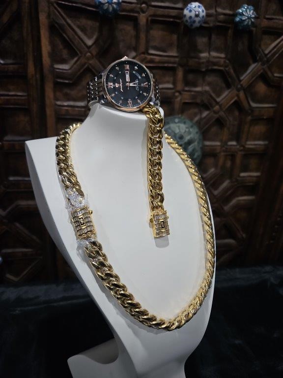3pcs x 18K/Italy Stamped Yellow Gold Filled Chain & Bracelet & Watch-