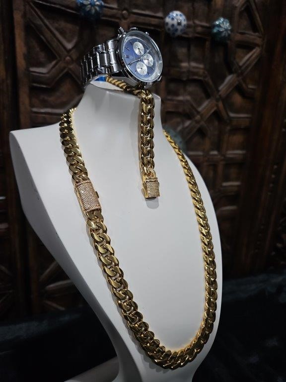 3pcs x 18K/Italy Stamped Yellow Gold Filled Chain & Bracelet & Watch-