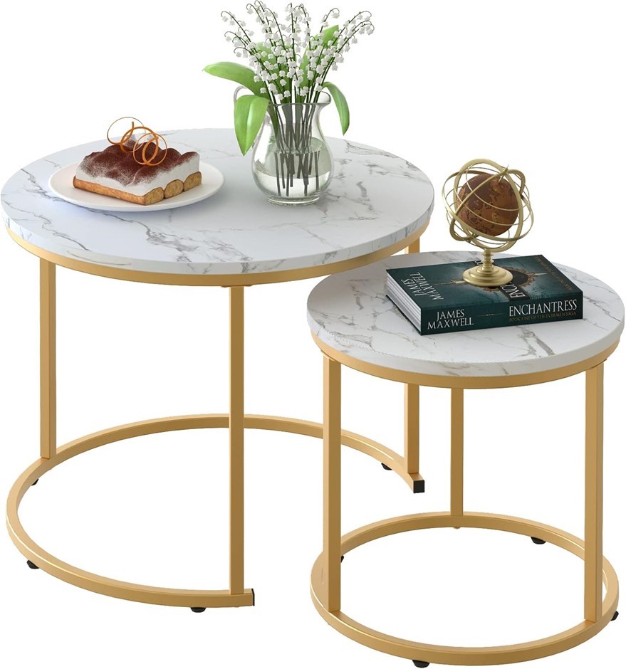 Nesting Coffee Table Set of 2, 27.6" Round Coffee Table Wooden Marble Patte