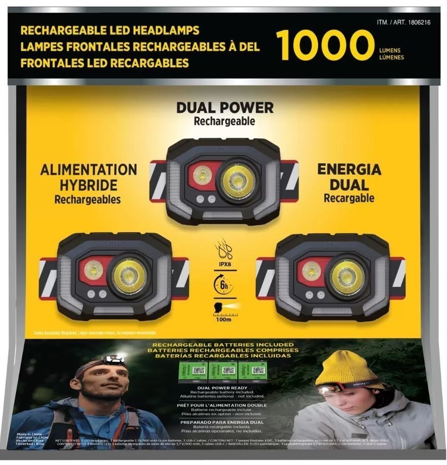 INFINITY X1 Rechargeable Headlamp 1000 Lumen, 3 Pack. NB: Damaged Packaging